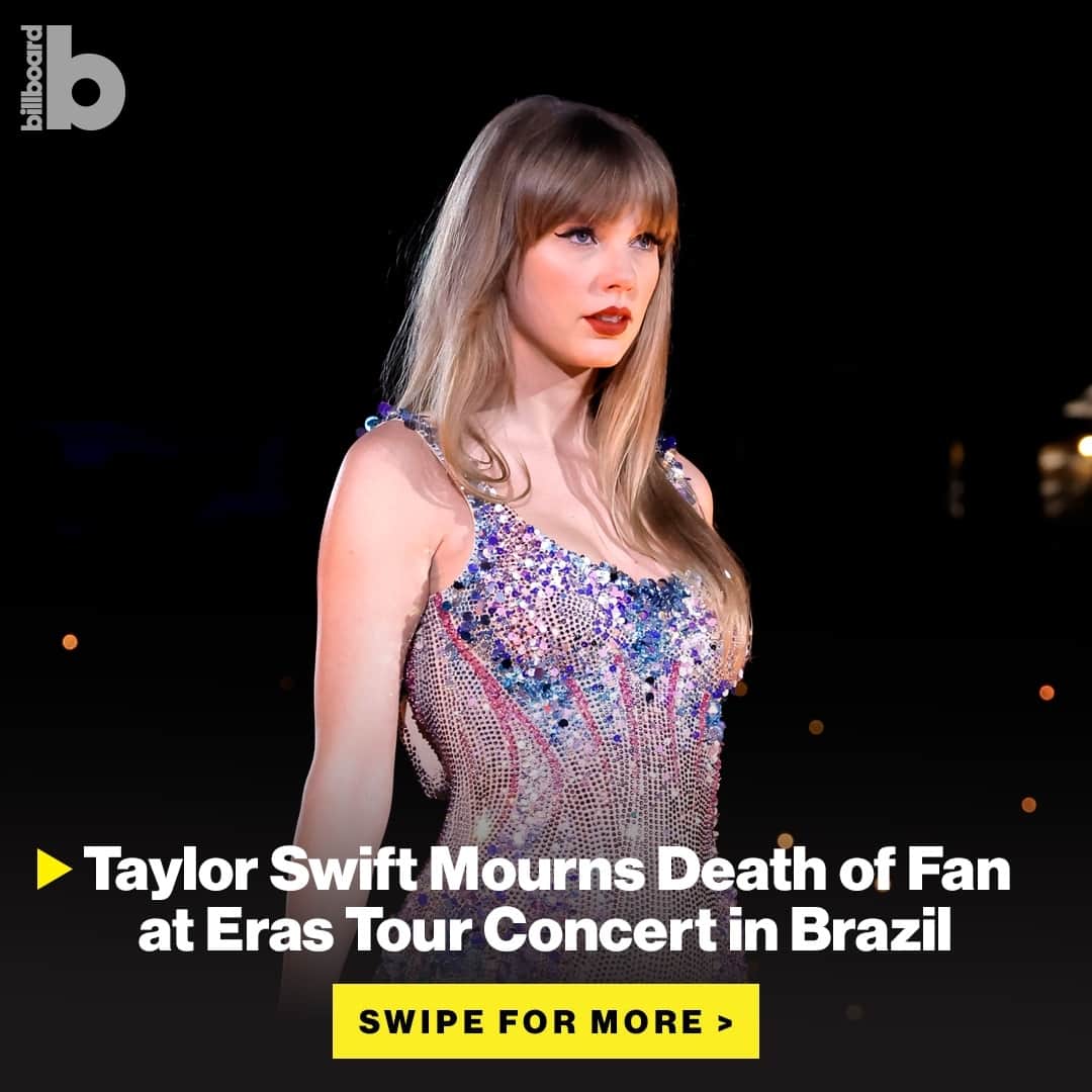 Billboardのインスタグラム：「Taylor Swift is mourning a fan who died at her Eras Tour concert in Brazil on Friday (Nov. 17).⁠ ⁠ Swift shared a handwritten note on social media after the show at Rio de Janeiro’s Estádio Olímpico Nilton Santos to express her sorrow over the loss.⁠ ⁠ A cause of death for the fan, identified as 23-year-old Ana Clara Benevides Machado, has not been revealed.⁠ ⁠ Details are at the link in bio.⁠ ⁠ via Getty Images, Taylor Swift」