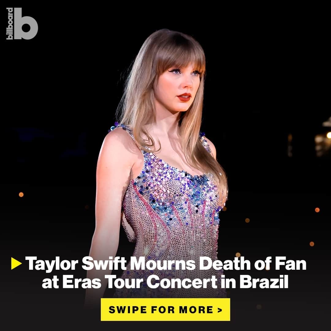 のインスタグラム：「Taylor Swift is mourning a fan who died at her Eras Tour concert in Brazil on Friday (Nov. 17).⁠ ⁠ Swift shared a handwritten note on social media after the show at Rio de Janeiro’s Estádio Olímpico Nilton Santos to express her sorrow over the loss.⁠ ⁠ A cause of death for the fan, identified as 23-year-old Ana Clara Benevides Machado, has not been revealed.⁠ ⁠ Details are at the link in bio.⁠ ⁠ via Getty Images, Taylor Swift」