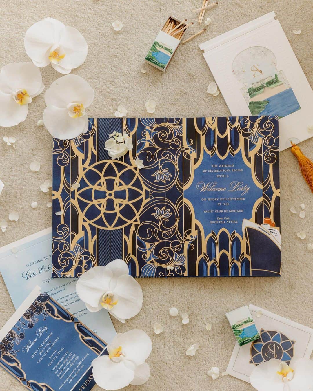 Ceci Johnsonさんのインスタグラム写真 - (Ceci JohnsonInstagram)「WEDDING | Presenting a closer look at this couture invitation inspired by the Four Seasons Cap-Ferrat, France –S&A’s wedding venue. Outside, the box is hand wrapped in neutral linen, opening to reveal a book invitation that invites guests on a journey to celebrate their love. The book’s cover features a hand painted 3D watercolor art depiction of their wedding venue. Each page inside is a canvas inspired by the locations of their welcome party at @yachtclubmonaco, white-orchid wedding, and poolside brunch at @fscapferrat. To complement this couture experience, a matching welcome booklet has been crafted, incorporating a tassel for an added touch of refinement.  #CeciCouture ⠀⠀⠀⠀⠀⠀⠀⠀⠀ CREATIVE PARTNERS: Luxury Invitation & Event Branding: @cecinewyork Planning & Design: @lavenderandroseweddings Welcome Party Venue & Catering: @yachtclubmonaco Wedding Venue & Catering:  @fscapferrat Photography: @daniloandsharon ⠀⠀⠀⠀⠀⠀⠀⠀⠀ #cecinewyork #ceciwedding #lavenderandroseweddings #luxuryinvitations #elegantdesigns #coutureinvites #opulentdetails #bespokeinvitations #chiccelebrations #artistryininvitations #highenddesigns #luxurystationery #premiuminvitations #exquisitedetails #invitationelegance #celebrateinstyle #glamorousinvites #luxurycelebrations #finestationery #customizedelegance #celebrationperfection #invitationcouture #elevateyourevent #luxuryeventplanning」11月18日 23時49分 - cecinewyork