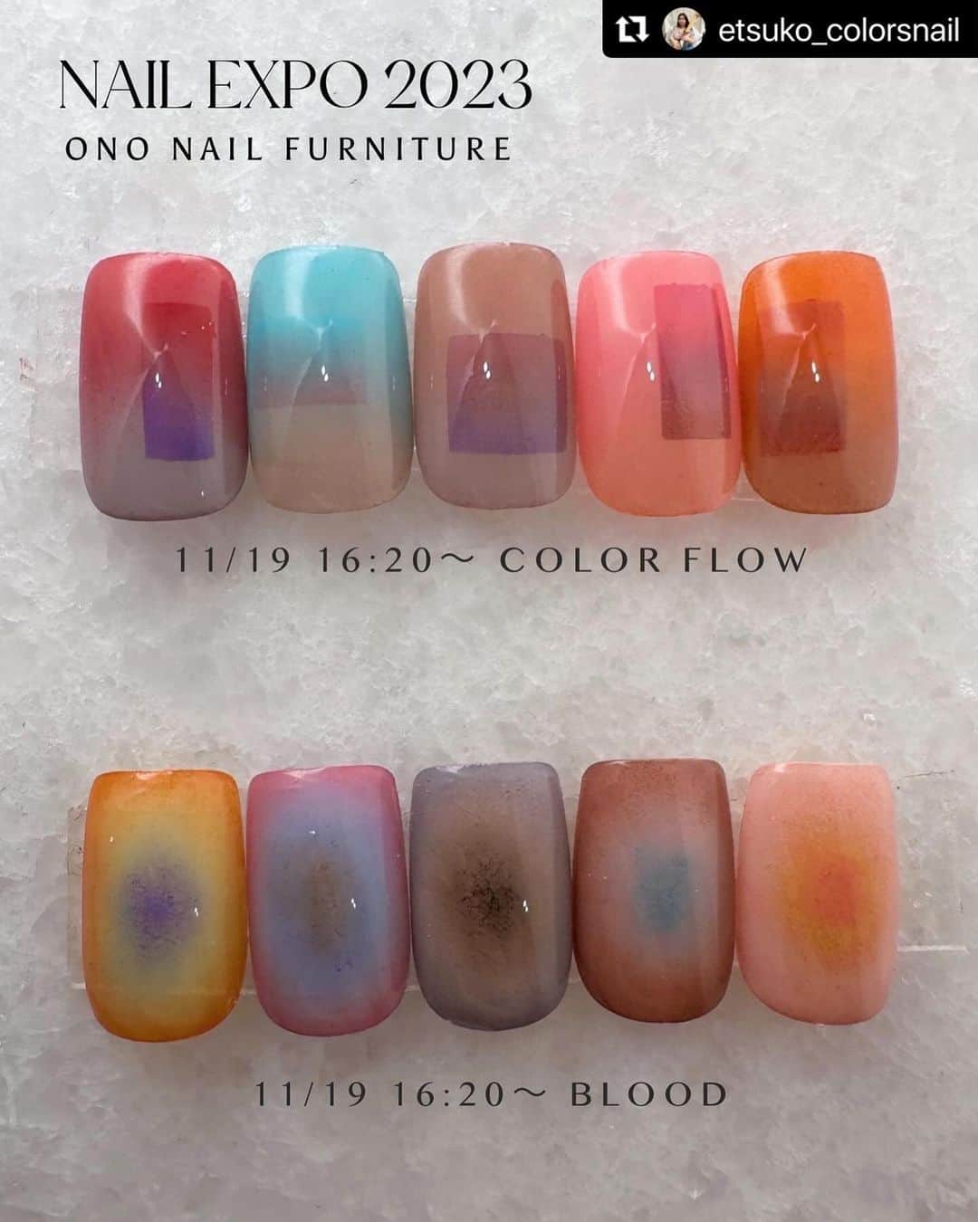 AB GELのインスタグラム：「#Repost @etsuko_colorsnail with @use.repost ・・・ . ONO NAIL furniture ブース @ono_nailfurniture でのschedule🩵  1本無料体験もやります💫🍒  11/19  11:30〜11:45   12:30〜12:45 　　　15:30〜15:45  11/20  11:00〜11:15 　　　14:00〜14:15   16:00〜16:15」
