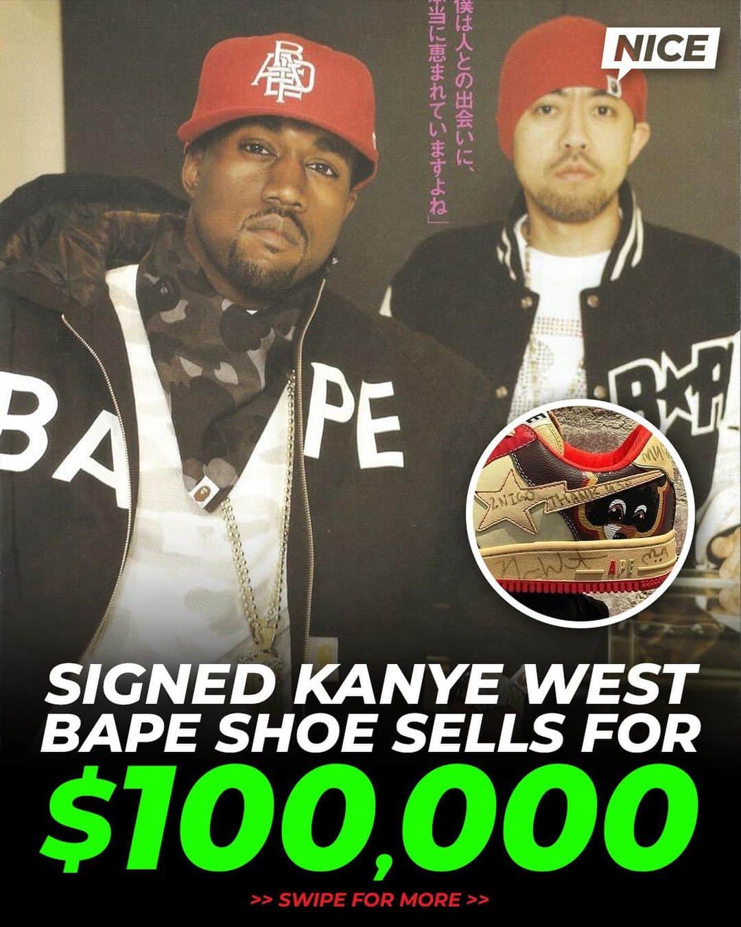 Nice Kicksのインスタグラム：「Nigo’s personal pair of Kanye West-signed “College Dropout” BAPE STAs sold for $100,000 in @nigo’s “From Me to You” auction 😳」