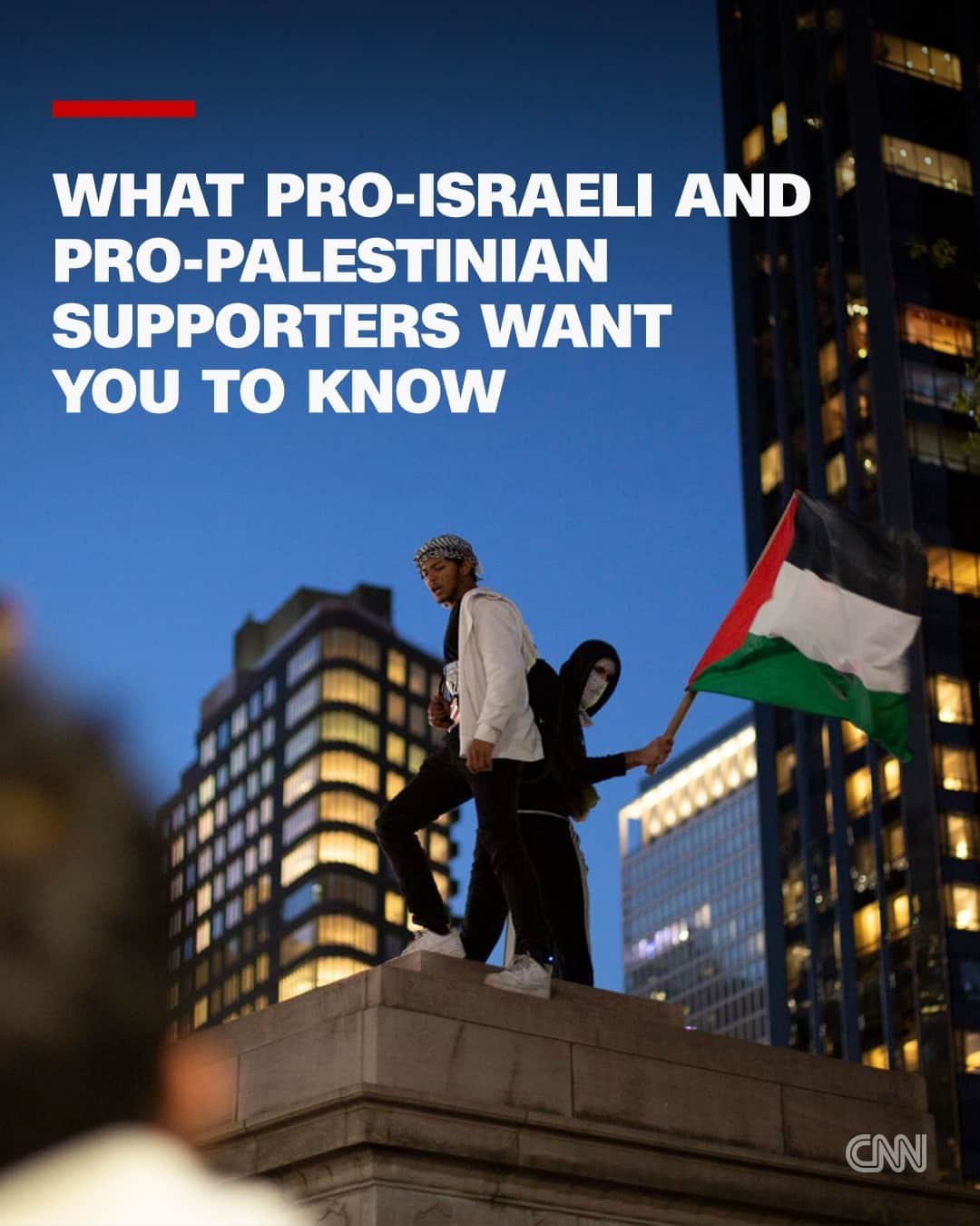 のインスタグラム：「Frustration. Outrage. Fear. Hope.   Ever since October 7, large crowds have gathered around the world with chants and signs in response to the war between Israel and Hamas and the resulting casualties.   On a cold and sunny recent Tuesday, pro-Israel demonstrators gathered on the National Mall in Washington, DC, decked in the blue and white colors of the Israeli flag. Days earlier, at a pro-Palestinian event in New York City's Columbus Circle, demonstrators waved Palestinian flags and carried signs.   CNN spoke to some of the demonstrators at the rallies to better understand why thousands have joined marches and what those in attendance hope to accomplish. Here's what they had to say.   Read more at the link in our bio.   📸: Laura Oliverio and Rebecca Wright/CNN    Correction: An earlier version of this post included an inaccurate caption on the photo of a necklace. Its charm depicts a map of Israel and the occupied Palestinian territories.」