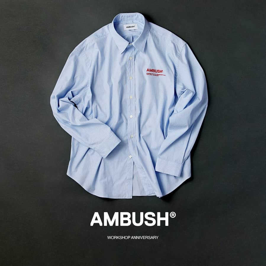 AMBUSHのインスタグラム：「AMBUSH®︎ WORKSHOP2 4th ANNIVERSARY SHIRT  To celebrate the anniversary of our second flagship store, WORKSHOP2 in Shibuya PARCO, a limited edition #AMBUSH WORKSHOP2 striped shirt is launching on November 17th.   Linking to the theme of the 23AW collection, the shirt is inspired by uniforms and features red embroidery on the chest with the brand logo, the WORKSHOP2 phone number, and the coordinates of Shibuya Parco.  Exclusively available at WORKSHOP2 Shibuya PARCO 2F, Udagawa-cho, Shibuya-ku Launching November 17, 2023」