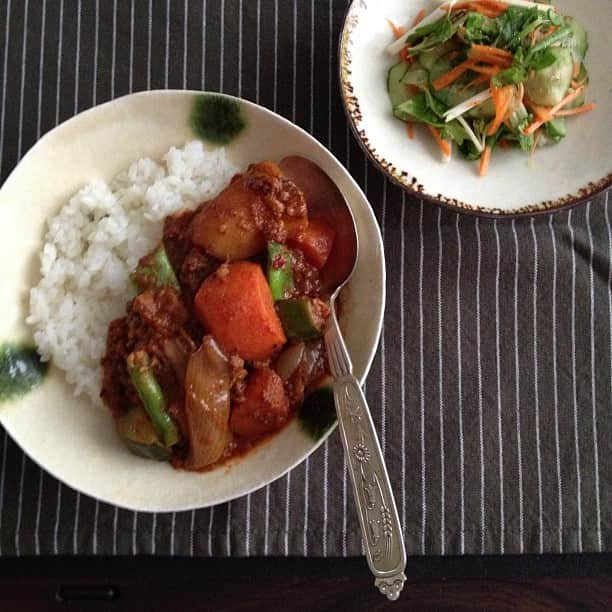 のインスタグラム：「野菜ごろごろスパイシーカレー。いつもカレーはフォークで。スプーンで食べたい気分の時は、このスプーン。デンマークのアンティーク、ガーリーな感じも好きです。  今日は和食器。大沼道行さんの器です。  ただいま発売中の『もの選びのルール』にもお気に入り器で登場しています。スープやおかず、ゴハンにもちょうどいいサイズなんです。」