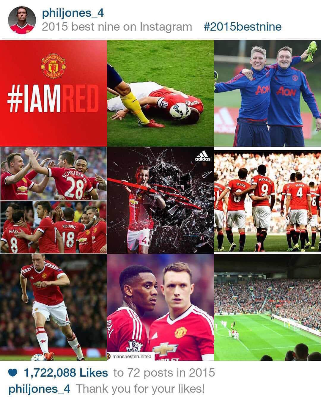 フィル・ジョーンズのインスタグラム：「Wishing you all a happy new year for tonight! #2015bestnine #Happy2016 #MUFC 🎉」