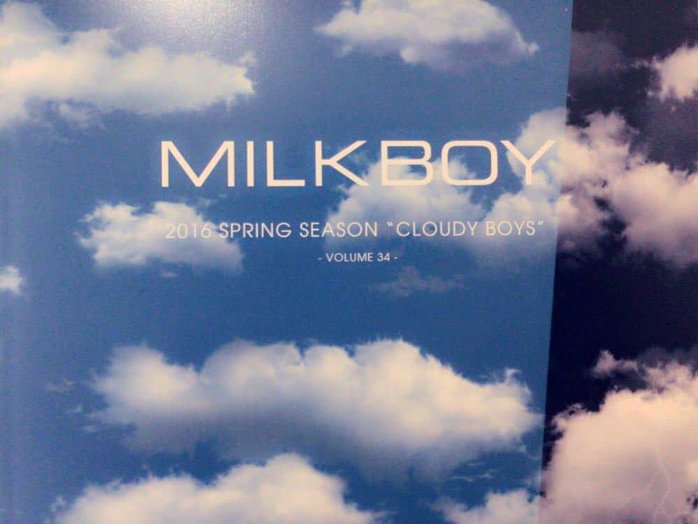 のインスタグラム：「【MILKBOY 2016 SPRING】カタログが 本日より店頭にて配布START！ 今期の表紙にも使用したオリジナルテキスタイル【CLOUDY☁️】を始め【SQUIRREL】柄や【シガレット🚬】モチーフのアイテムなどが続々と登場！ 店頭にてスタッフにお声掛けください  #milkboy #2016 #spring」