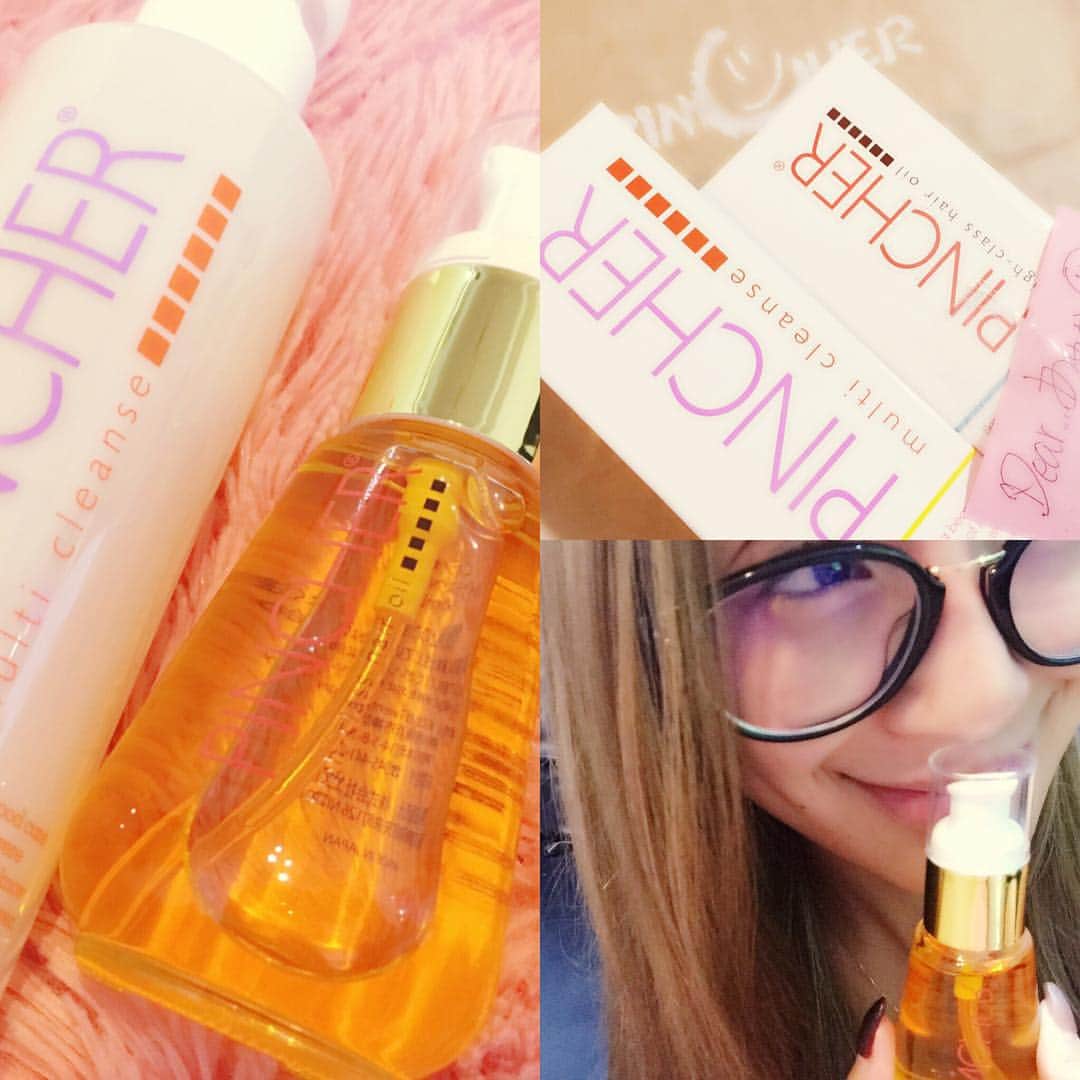 のインスタグラム：「鬼リピ中のピンシャークレンズと 新商品のハイクラスヘアオイルが届いた〜〜💇🏼✨✨ クレンズわもちろん手放せなくって、 ヘアオイルわ髪の毛カサカサだからすっごい楽しみなんだーっ😆💖💜💖😆 #pincher #ピンシャー #クレンズ #cleans  #ヘアオイル #hairoil #highclass #渡部いずみ」