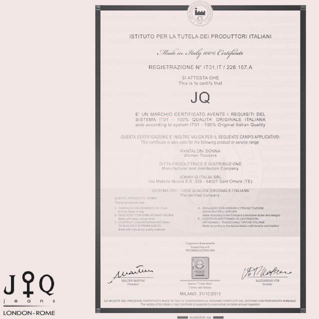 ジョニーQのインスタグラム：「#jqjeans #denim #brand #madeinitaly #certificate #real #madeinitaly #product」