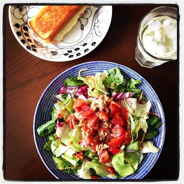 志摩有子さんのインスタグラム写真 - (志摩有子Instagram)「昨日の冷製パスタのソースが余ったのでサラダに。ハム＆チーズにポテトサラダまで投入した鍋底式ホットサンドと。#lunch #冷蔵庫の整理」6月27日 12時03分 - ariko418