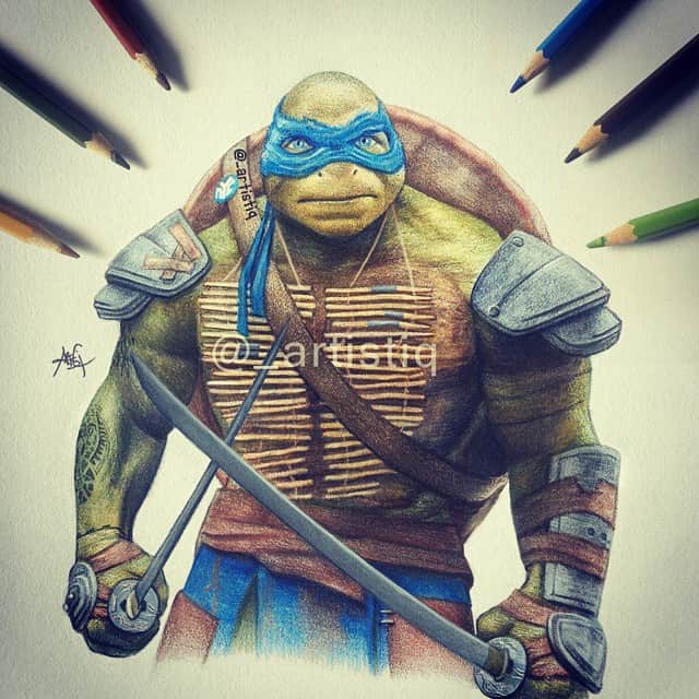 Casのインスタグラム：「Leonardo from TMNT, drawn with colored pencils! Which Ninja Turtle is your favorite?」