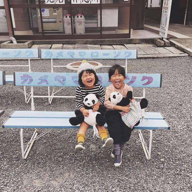 junkoのインスタグラム：「こんばんは。 4歳の姪っ子と2歳の娘。 同じパンダを持ってお出かけ。 ずっと手をつないで姉妹みたいに、とびきりの笑顔で！ それはそうと会社で、顔の濃い人が転勤してきたねぇって噂してたら インドネシア人の留学生だった。 ちなみに夫は昔、関空免税店の日本人店員にアニョハセヨ〜と言われていた。 そんな私は昔、エジプトでモウカリマッカボチボチデンナ〜と言われた。（あ、これは間違ってないか）」