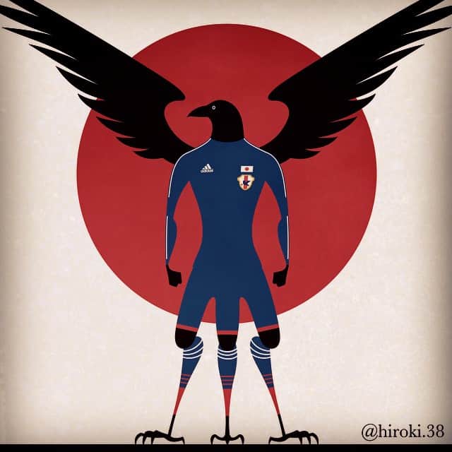 のインスタグラム：「日本の夜明け／Sunrise  Happy new year 2015☆  #八咫烏 #日本代表 #サムライブルー #イラスト #サッカー #サッカーイラスト #jリーグ #カラス  #football #footballplayer #soccerplayer #soccer #art #japanese #sketch #illustrator #illustrations #illustagram #follows #crows #honda #kagawa #uchida #nagatomo #mascot #character #soccerillustration #jleague #samuraiblue #sunrise」