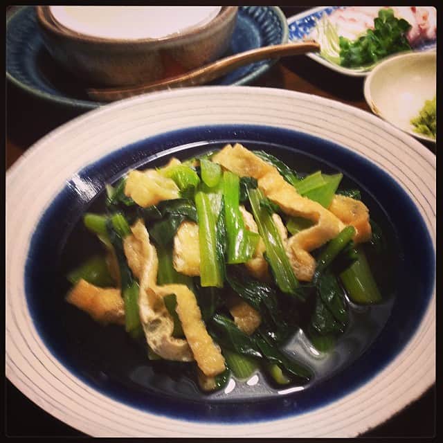 志摩有子さんのインスタグラム写真 - (志摩有子Instagram)「凍えるように寒かった今日。ガッツリめしが続いたのでそろそろあっさり和食を。鰻重をテイクアウトしてきたので、その前にかろうじて小松菜とお揚げの煮浸しだけ作る。あとは蛸のお刺身とオリーブオイルと塩山葵で食べるお豆腐。#晩ごはん #和食」1月21日 21時03分 - ariko418